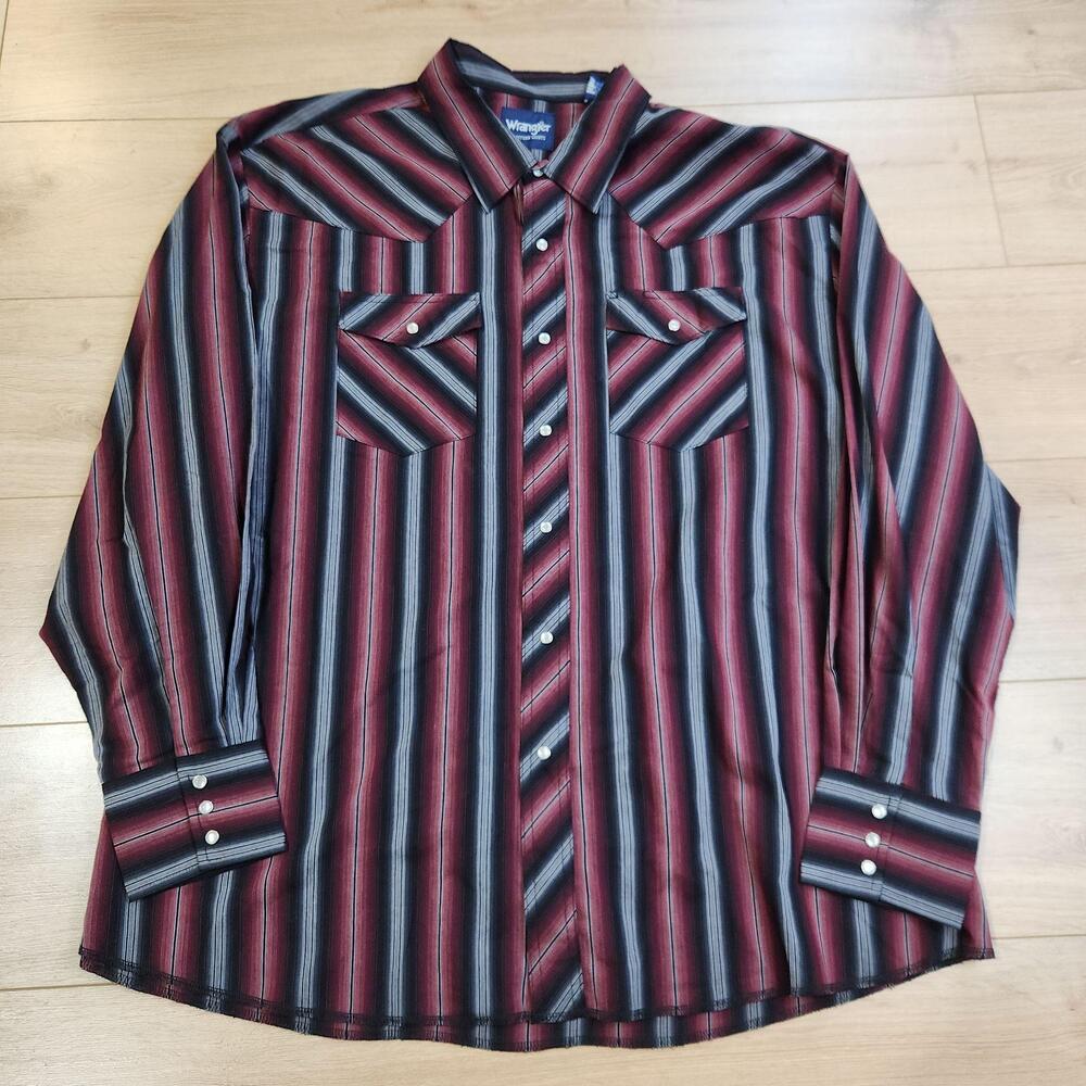 Wrangler Western Shirt Mens Big 3XL Red Stripe Pearl Snap Long Sleeve Cowboy